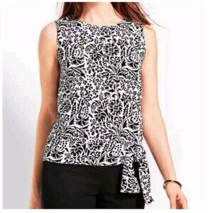 Talbots Wildflower Sleeveless Top Womens Large Black White Floral Side Waist Tie